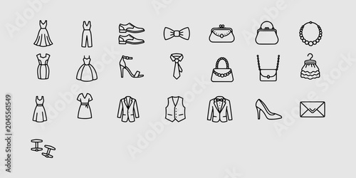 Foto Icon set collection of formal clothing, fashion accessories, wedding attire, and luxury apparel symbols for elegant events and boutique styling