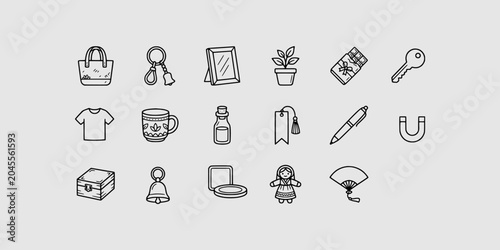 Foto Icon set collection of miscellaneous personal items, gift shop goods, lifestyle accessories, stationery, household objects, and decorative small items