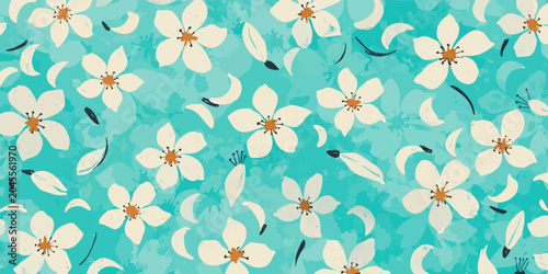 
Seamless spring floral pattern vector illustration with pastel pink flowers, green leaves, and nature elements for wallpaper, fabric, or textile design backdrop