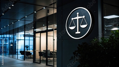 Modern office building with glass walls showcasing a legal scales symbol, indicating a law firm or legal services environment.
