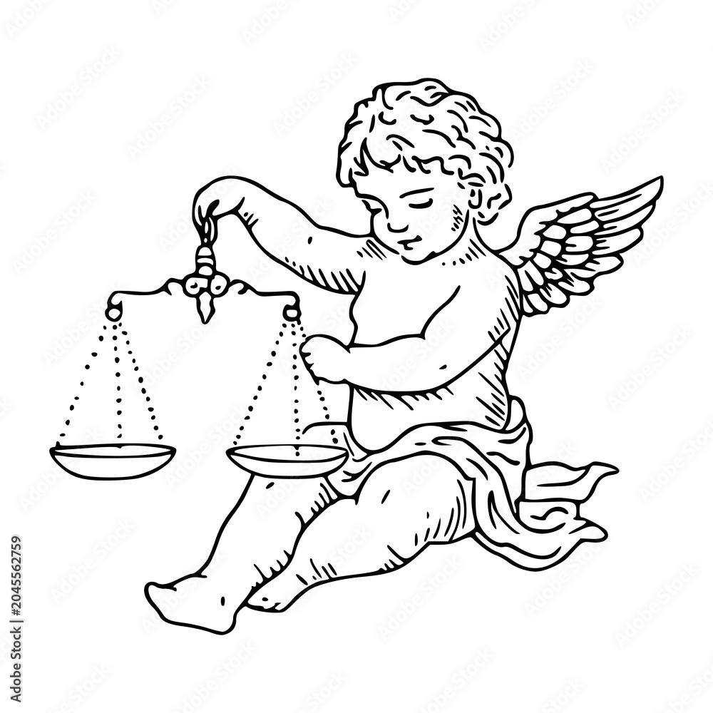 Naklejka premium hand-draw cupid or cherub holding scales of justice illustration in line art style