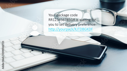 Konstfotografi Scam call sms message about a delivery code with a link to set preferences