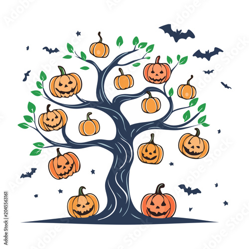 Halloween tree with pumpkins and bats