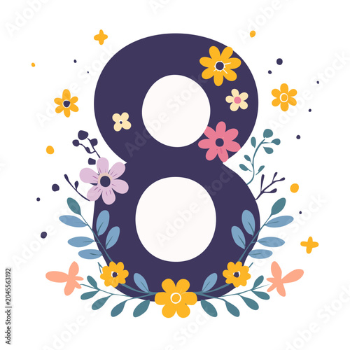 Number 8 decorated with flowers and leaves