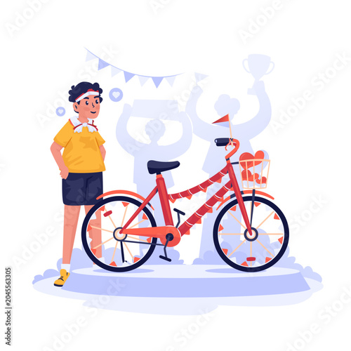 Boy with Decorated Bicycle for Independence Day Contest Vector Illustration