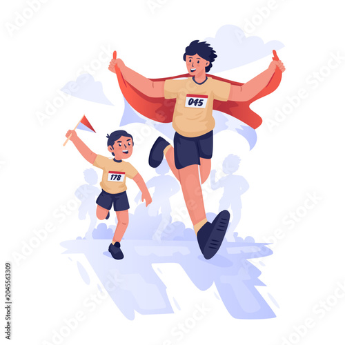 Father and Son Participating in an Independence Day Fun Run Vector Illustration