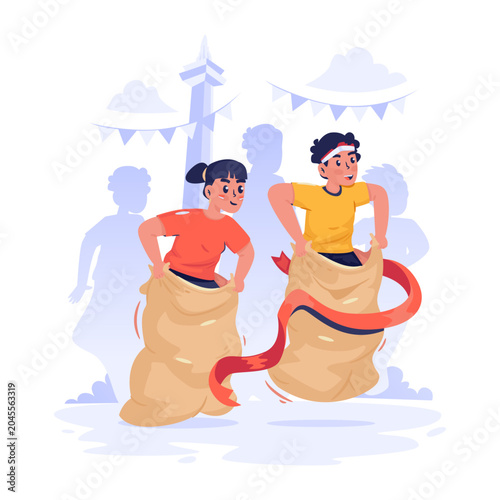 Happy Children Competing in Traditional Sack Race During Independence Day Celebration Vector Illustration