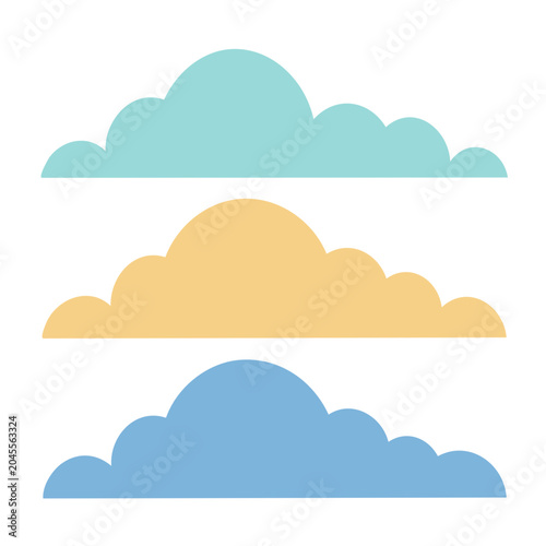 Three flat design clouds in pastel colors on white background