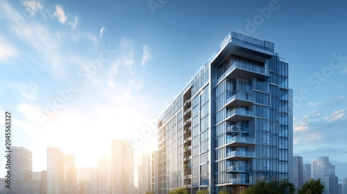 Modern Blue Glass Condominium Building in Sunny Day, Contemporary Urban Residential Real Estate Photography