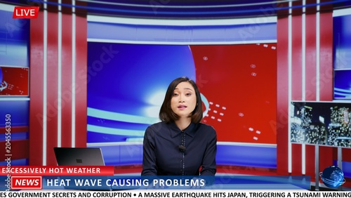 Obraz na plátně Asian presenter discuss about heat wave dangers and weather issues worldwide, presenting news on television