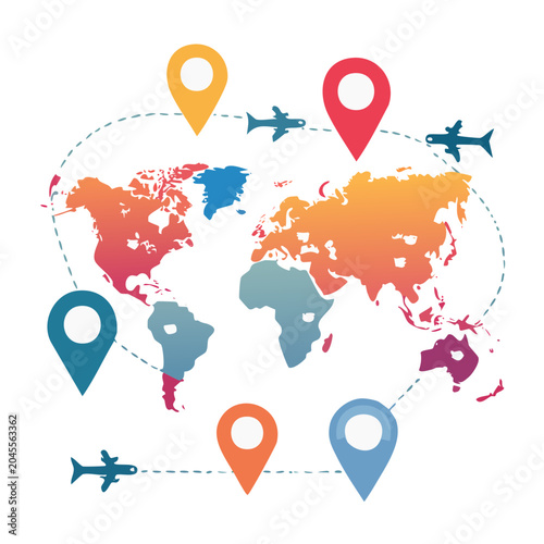 World Map with Airplanes and Location Pins