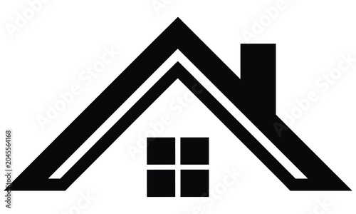 Minimalist black house icon featuring a sharp roof and a single square window design on a clean white background surface