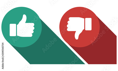 Flat design icons featuring a green thumbs up and a red thumbs down with long shadows on a white background