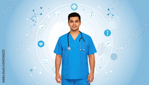Bild auf Leinwand Male Nurse Wearing Blue Scrubs and Stethoscope.