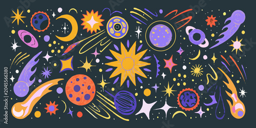 Tableau sur toile Cosmic scene with planets stars and comets vector illustration