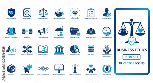 Konstfotografi Business ethics and corporate compliance solid icon set containing icons for scales of justice diversity equal pay whistleblower and sustainability for professional legal presentations