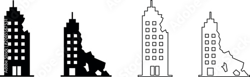 Fotografía Set of icons depicting damaged buildings after a disaster or earthquake