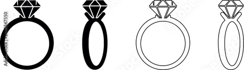 Foto Diamond engagement ring icons in silhouette and outline styles