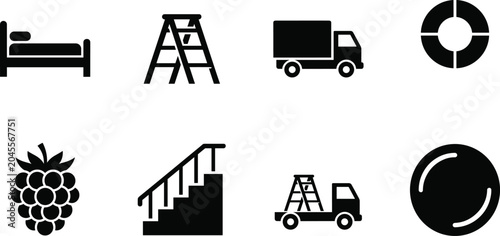 Black Glyph Furniture and Transportation Icon Set Featuring Bed Ladder Truck Stairs Grapes and Circular Symbols