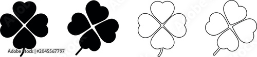 Four leaf clover icons in solid black and outline styles for good luck
