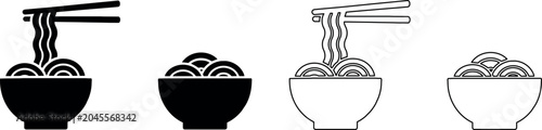 Foto Bowl of noodles with chopsticks icon set, black and white simple design