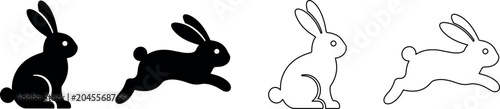 Set of stylized rabbit icons in silhouette and outline, showing different poses