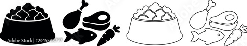 Fényképezés Pet food icons showing kibble, fish, meat, and vegetables in bowls