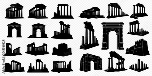 Bild auf Leinwand Ancient Roman and Greek Ruins Silhouettes Vector Set with Temples, Arches, and Columns