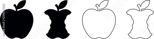 Foto Set of apple icons, whole and bitten, in silhouette and outline styles