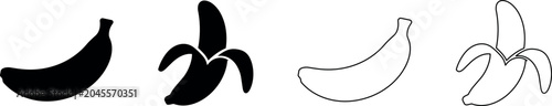 Foto Set of banana icons: solid silhouette and outline, whole and peeled