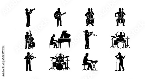 Canvas Print Jazz Band Silhouettes, Musician Icons, Musical Performance Vector Set