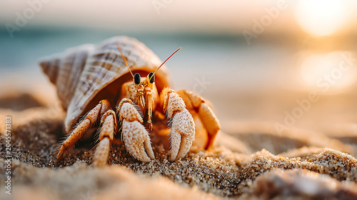 Hermit crab peeking from its shell on sunlit sand, a curious close-up with clean texture and minimalist coastal feel.