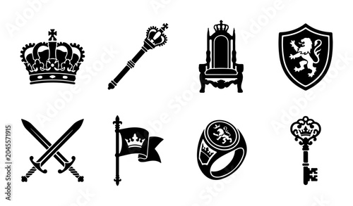 Obraz na plátně Royal Symbols Vector Icons: Crown, Scepter, Throne, Shield, Swords, Flag, Ring,