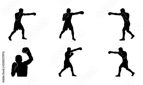 Tableau sur toile Boxing Silhouette Set: Dynamic Fighter Poses, Combat Sports Action, Martial Arts