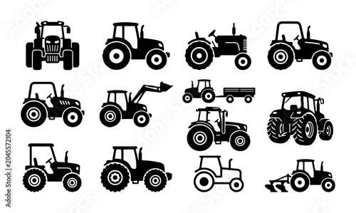 Bild auf Leinwand Vector Tractor Icons Set, Agricultural Machinery Collection, Farm Vehicle Graphi