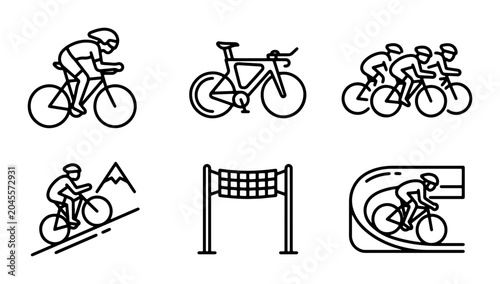 Cycling Icons Set: Road Race, Mountain Bike, Triathlon, Peloton, Finish Line