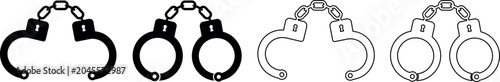 Photos Set of four chained handcuffs icons in solid black and outline styles