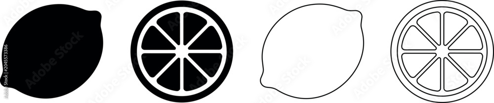 Obraz premium Set of black and white lemon icons, whole and sliced, simple vector graphics