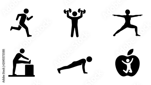Fitness Icons Set: Running, Weightlifting, Yoga, Stretching, Push-ups, Healthy Lifestyle