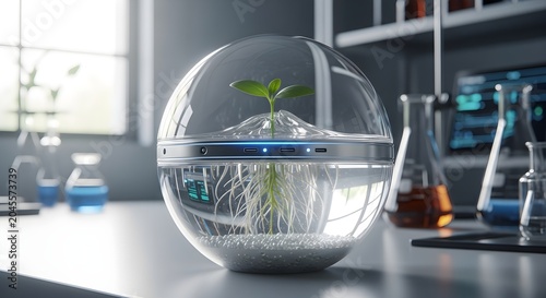 A close-up of a small plant with visible roots growing in a modern spherical hydroponic system on a laboratory bench.