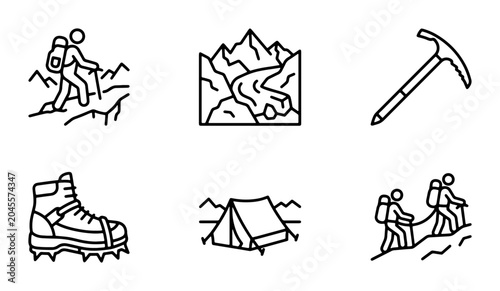 Foto Mountain Climbing Icons Set, Hiking Adventure Vector Graphics, Outdoor Expeditio