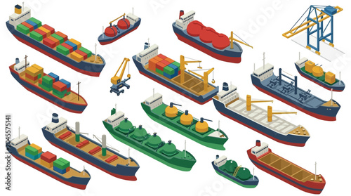 Fotografie Isometric Cargo Ships And Port Cranes Vector Illustration