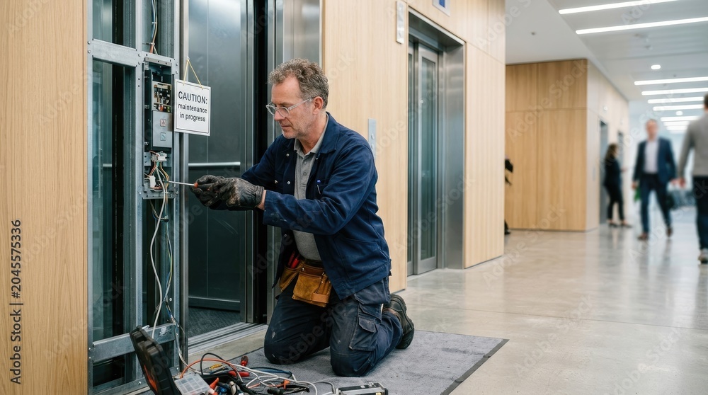 Fototapeta premium A maintenance worker repairs an elevator. He is kneeling on a gray mat, wearing work gloves and a blue shirt, and using tools to work on the elevator's control panel.