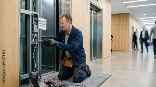 A maintenance worker repairs an elevator. He is kneeling on a gray mat, wearing work gloves and a blue shirt, and using tools to work on the elevator's control panel.