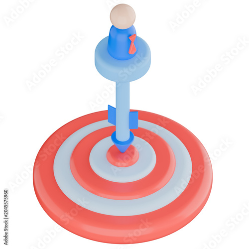 Business Target Achievement with Leader Character Standing on Arrow Hitting Bullseye Center. 3d illustration.