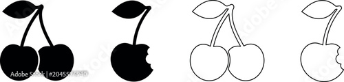 Photos Set of cherry icons, one with a bite mark, in solid and outline styles
