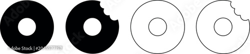 Foto Set of four donut icons, two solid black and two outline, one bitten