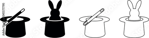 Fotografie Magic hat with rabbit and wand icons in silhouette and outline styles