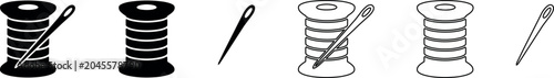 Fotografie Set of sewing needle and thread spool icons in black and white outline styles