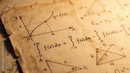 An aged, yellowed parchment displays complex mathematical equations and geometric diagrams. The equations include integrals and derivatives, suggesting advanced calculus.